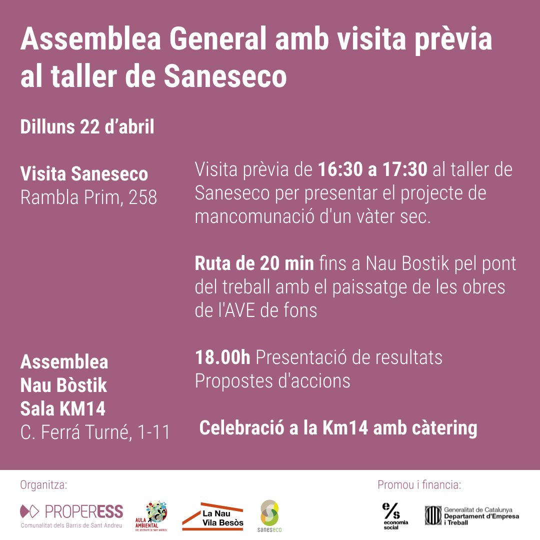 properess's tweet photo. ASSEMBLEA GENERAL DE PROPERESS
📅 22/04 a la @Naubostik:
🚾 Visita prèvia de 16:30 a 17:30 al taller de #saneseco
🚶🏽‍♂️ Ruta fins a #NauBostik pel Pont del Treball Digne
🗣️ Assemblea General a les 18 h
🎂 Celebració a la sala #Km14 amb càtering

https://t.co/JBFrRE9s1P https://t.co/QhuZJadWze