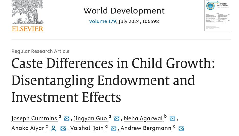 India NFHS data show that lower caste children are born smaller and grow less quickly. Differences in maternal health aspects drive caste disadvantage at birth, and subsequent consumption deficits in early childhood make it worse, restricting growth. sciencedirect.com/science/articl…