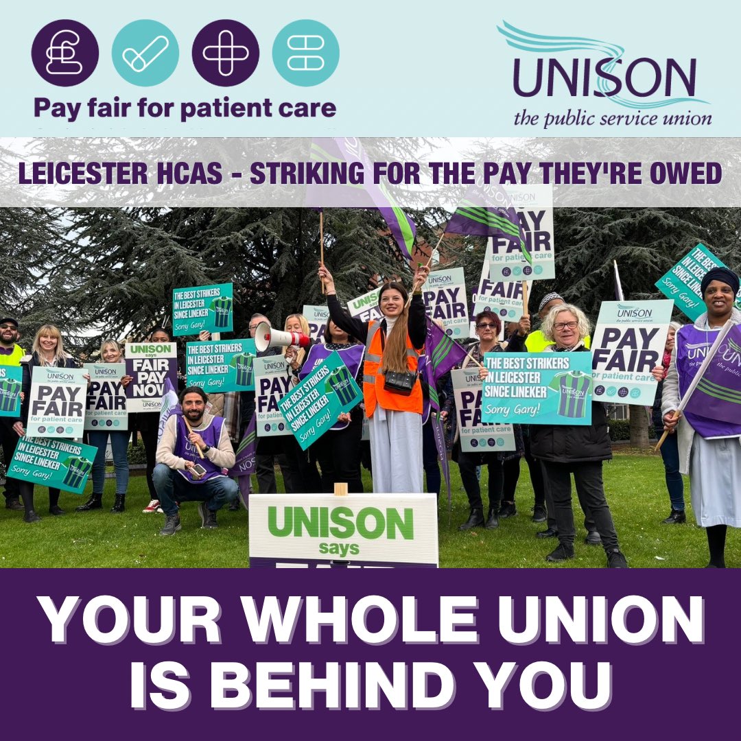 unisontheunion's tweet photo. ⚡️STRIKE NEWS

Solidarity with Healthcare assistants across Leicester, on strike for the fair pay they’re owed.✊

Trusts should recognise the work their staff are doing.

Your union is with you! 💜 Send a message to the picket line 🪧@UNISONEastMids #PayFairForPatientCare https://t.co/8081yxinhw