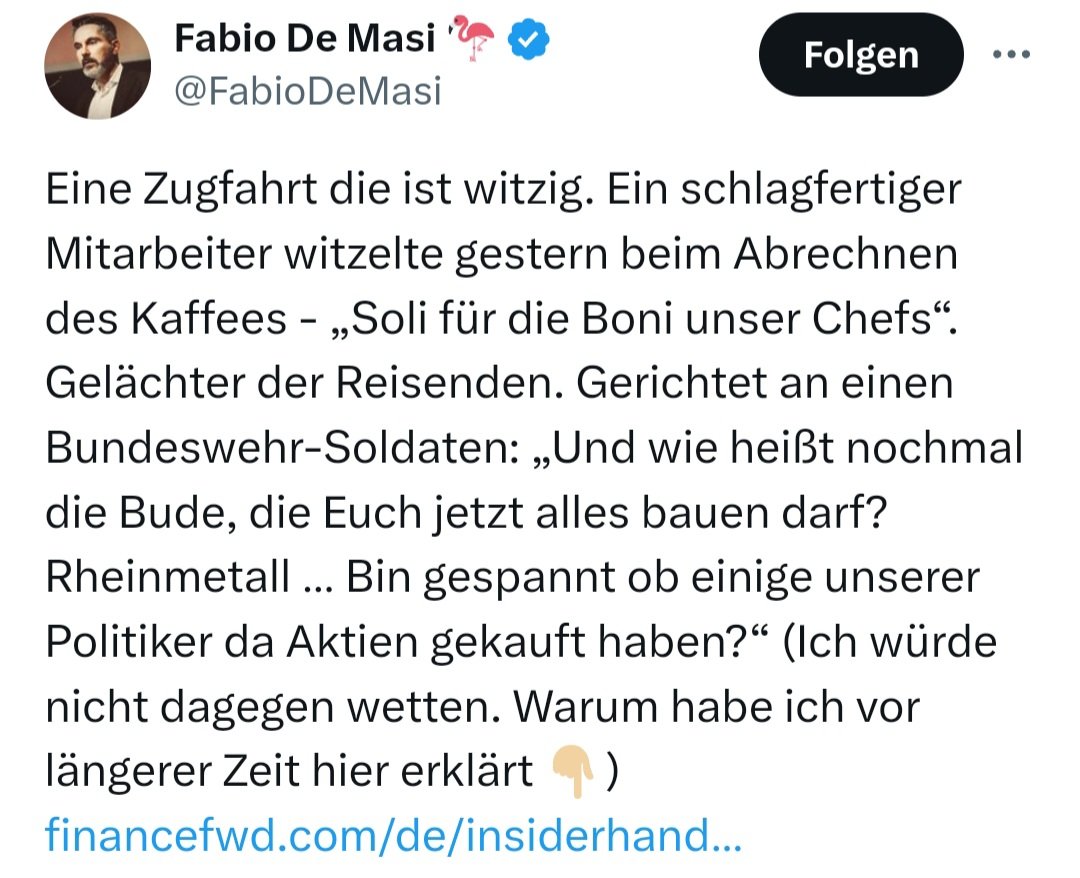 Plot Twist: Der vermeintliche Bundeswehr-Soldat ist in Wahrheit Seymour Hersh, der inkognito nach Europa gereist ist, um die Nord-Stream-Pipeline zu reparieren. Hersh kündigt an, nur noch BSW zu wählen. Alle im Zug stehen auf und klatschen Beifall.