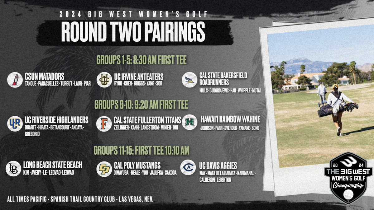𝙒𝙤𝙢𝙚𝙣'𝙨 𝙂𝙤𝙡𝙛 𝘾𝙝𝙖𝙢𝙥𝙞𝙤𝙣𝙨𝙝𝙞𝙥 | 𝙍𝙤𝙪𝙣𝙙 𝙏𝙬𝙤 🏆⛳️ We're back at @golfSTCC for round two of the 2024 Big West Women's Golf Championship! Round Two Pairings ⬇️🏌️‍♀️ GolfStats:results.golfstat.com/public/leaderb… #OnlyTheBold