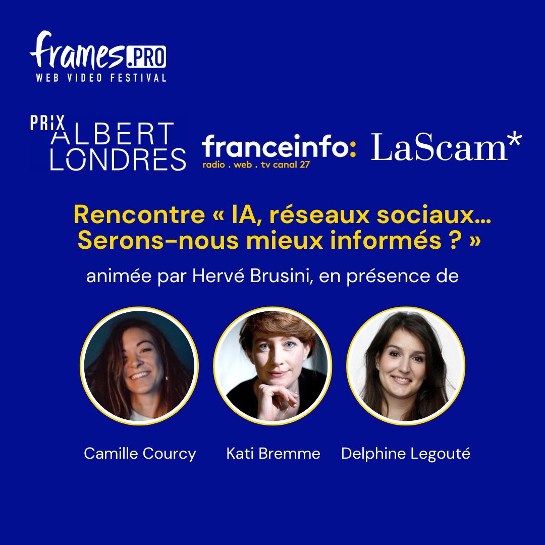 📣 #Frames2024 | IA, réseaux sociaux… Serons-nous mieux informés ? ⏰ RDV de 14h à 15h à @FramesAvignon pour une rencontre Prix @albert_londres, France Info et la Scam Avec @CamilleCourcy @kati_bremme @metamedia @DelphineLegoute @franceinfopro et animée par @hervebrusini