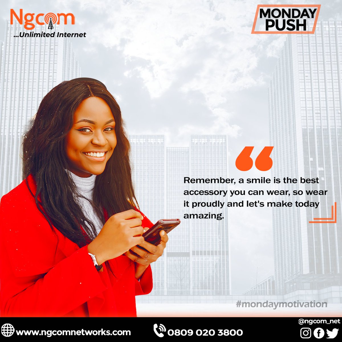 Mondays are for fresh starts and bright smiles!  Let's kick off this week with positivity and determination. Remember, a smile is the best accessory you can wear, so wear it proudly and let's make today amazing.

#ngcom #ngcom
#happynewweek 
#Unlimitedinternet_in_Nigeria