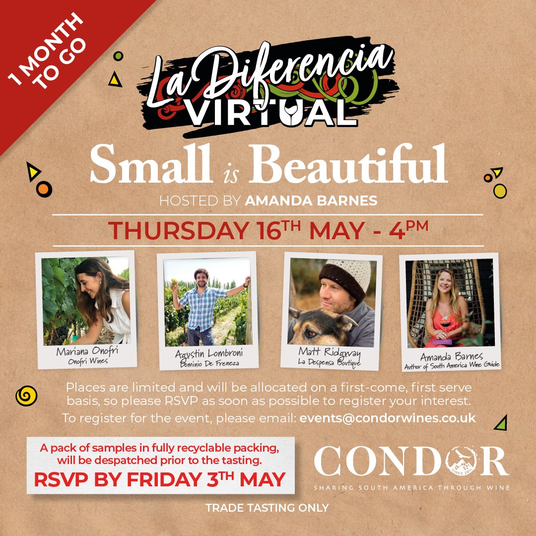 🚨 One Month To Go! 🚨

Join our next virtual tasting on Thursday May 16th at 4pm (UK)

Hosted by <a href="/amanda_tweeter/">Amanda Barnes</a>, it will feature three of our smaller, boutique wineries

Meet and taste wines from <a href="/OnofriWines/">Onofri Wines</a>, La Despensa and Dominio de Freneza

Reserve your place today