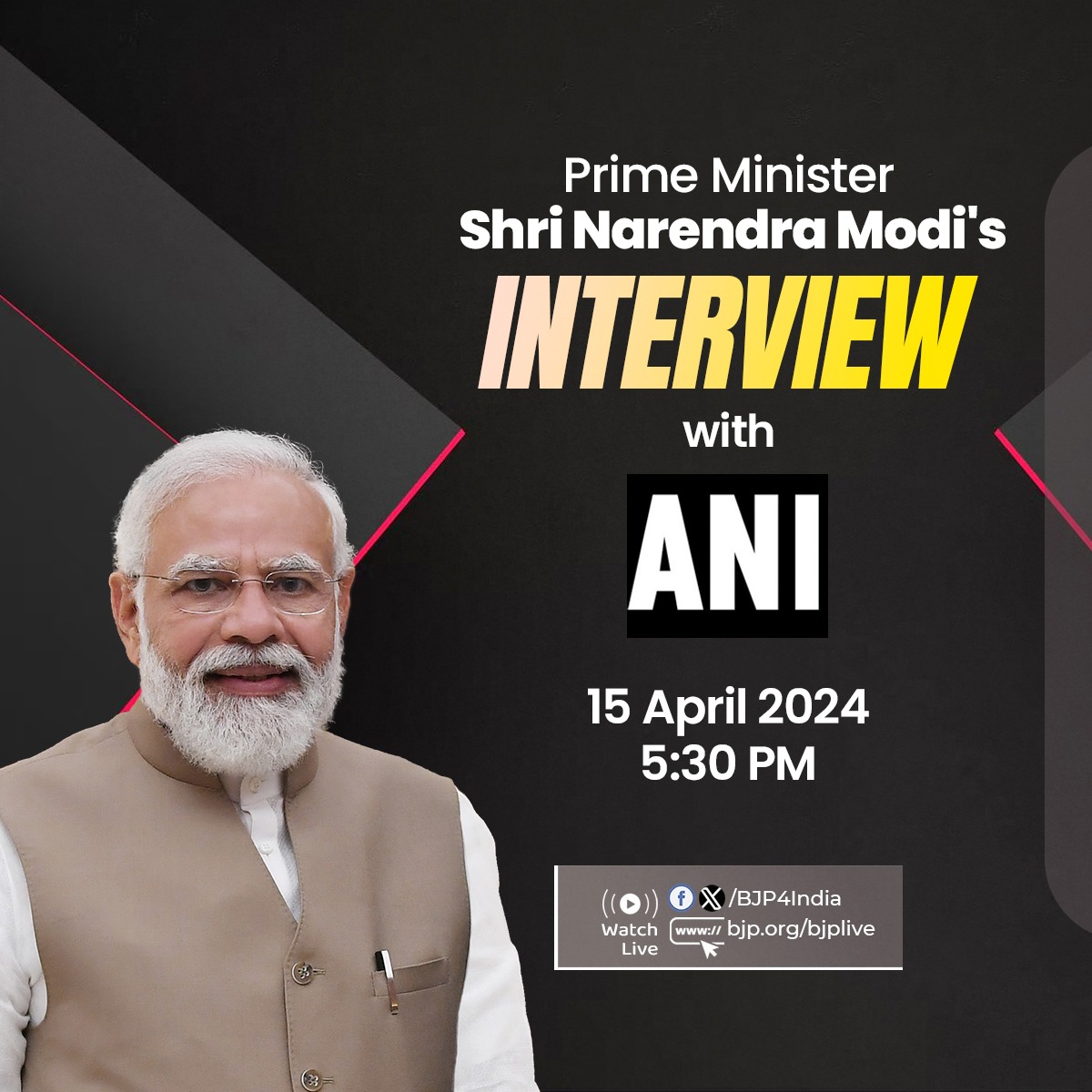 Prime Minister Shri @narendramodi's interview with Asian News International (ANI) will air today at 5:30 PM. Stay tuned! Watch live: 📺twitter.com/BJP4India 📺facebook.com/BJP4India 📺youtube.com/BJP4India 📺bjp.org/bjplive