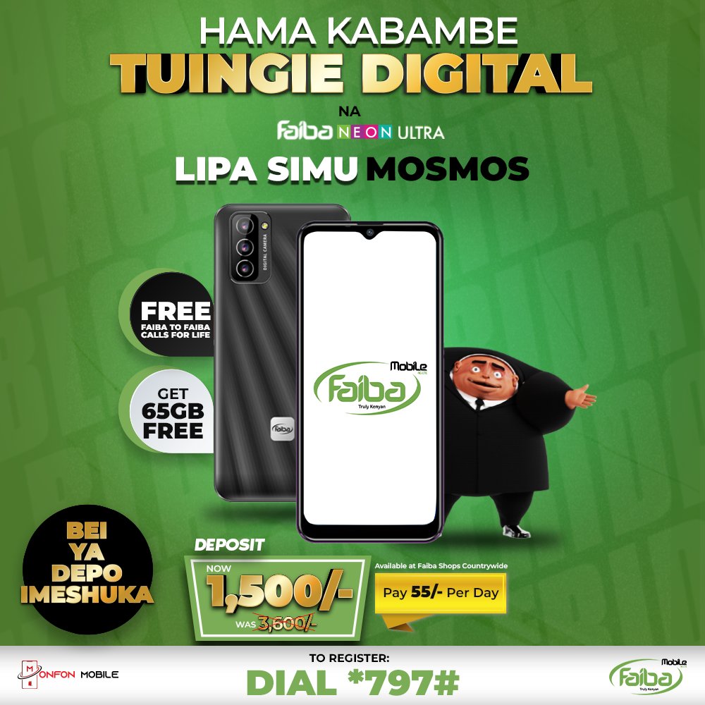 BEI YA DEPO IMESHUKA!! TUINGIE DIGITAL NA FAIBA NEON ULTRA! GET 65GB FREE upon SIM Activation. Enjoy FREE Faiba to Faiba Calls For Life! Dial *797# to Register! Available at Faiba shops countrywide. #GetFaiba #TuingieDigital #HamaKabambe