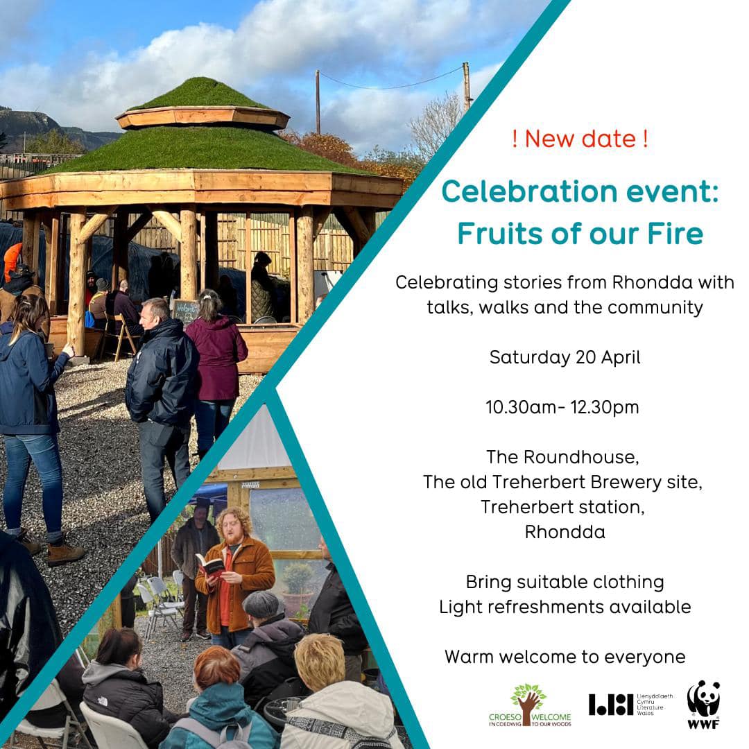 Saturday 20th April come and join us 10.30am at Ty Pren Roundhouse Cwm Saebren Woods, for a celebration event of the Fruits of Our Fire project with @sionmun Cartoons and Llenyddiaeth Cymru / Literature Wales.