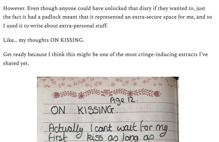 TeresaStenson's tweet photo. Just out: the latest Teenage Diaries newsletter. It's 1993,  I've got a diary with a lock on it, and I'm sharing my thoughts ON KISSING. 
To keep reading: https://t.co/js4qWDcZF0 https://t.co/1jtwu10IFs