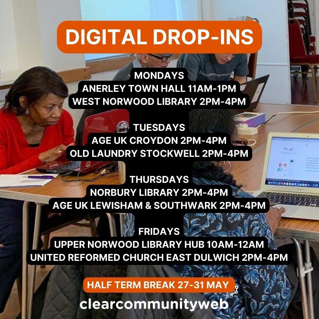 The Digital Drop-ins run by Clear Community Web restarts this week! 

Get friendly help with your laptop, tablet, or smartphone. Join in to boost your digital skills!  

Check the flyer for schedule 👀

#SouthLondon #Lambeth #Southwark #Croydon #DigitalInclusion #DigitalSupport