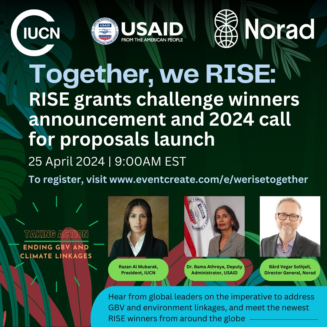 📅On Apr 25 @ 09:00 AM EST we will launch our call for proposals for 2024 #RISEgrants challenge. 

Don’t miss our high-level panel - which includes speakers from @IUCN, @USAID, @Noradno- register to join our virtual event now! tinyurl.com/3wma5j85