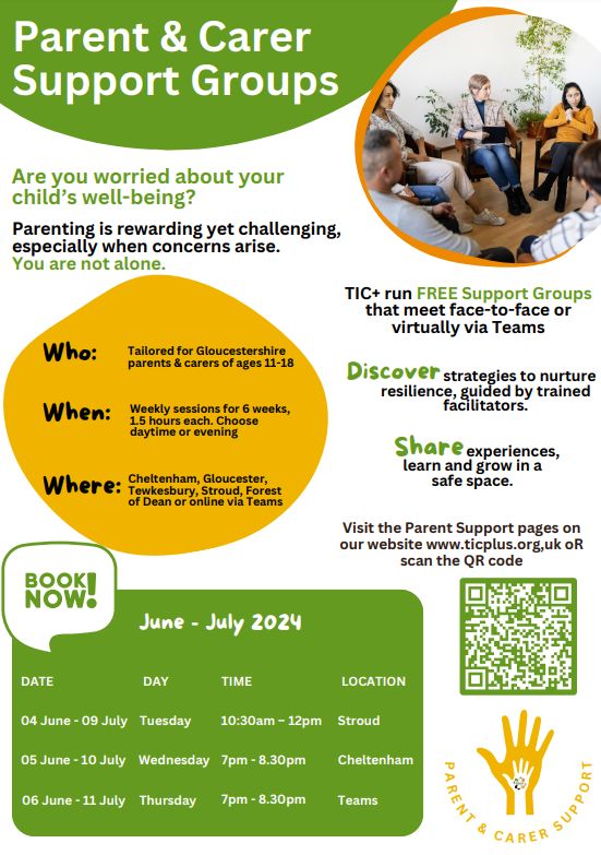 TIC+ are running a number of free Parent & Carer support groups starting in June. These groups are for parents/carers of children between the ages of 11-18 within Gloucestershire. Please visit the following link for more information and to book a place. buff.ly/3Q4h2wV
