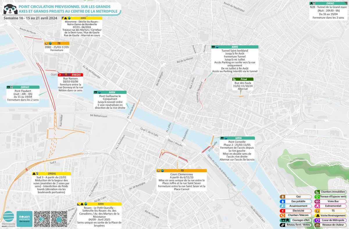 🔵[Carte des travaux du 15 au 21 avril🚧] Les automobilistes sont invités à consulter l’état du trafic en temps réel sur le site dédié : trafic-metropole-rouen.fr