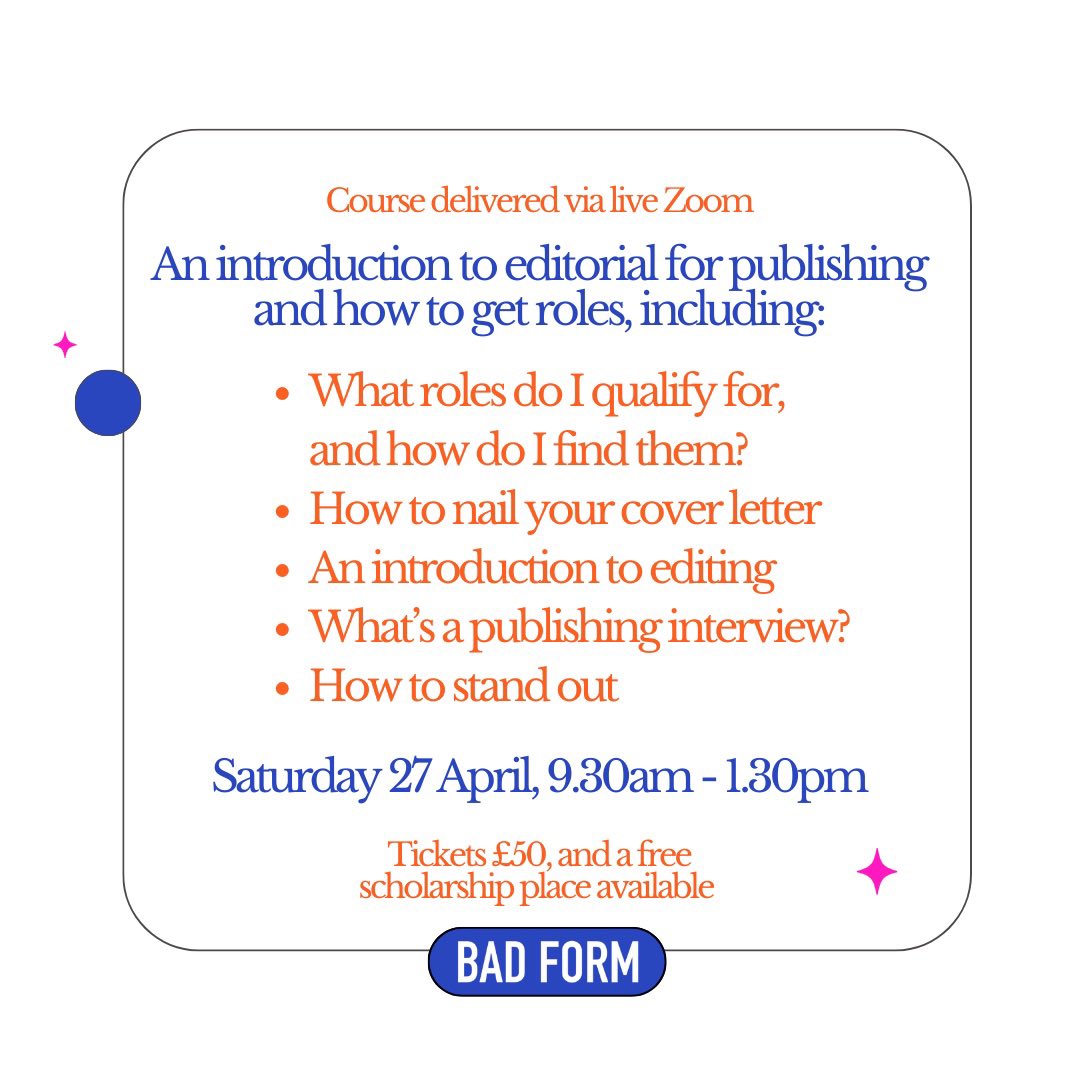 Do you want to get into editorial? Do you want a half day where I tell you literally everything about editorial in publishing and the interview process? Come to this half day course! Tickets: badformreview.com/shop/p/how-to-…