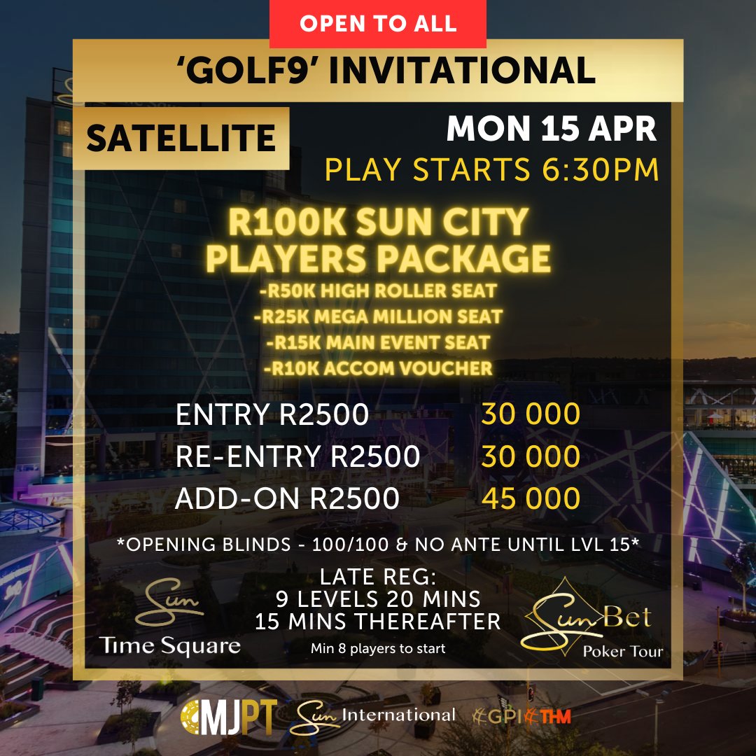 💰‼️ TONIGHT IS THE 'GOLF9' INVITATIONAL SATELLITE AT TIME SQUARE - OPEN TO ALL PLAYERS 🙌🤑

📅 MONDAY - 6:30PM:
ENTRY R2500 - 30 000
RE-ENTRY R2500 - 30 000
ADD-ON R2500 - 45 000

⏰ Late reg: 12 Levels - Approx 9:30PM

🥊 Come down to Time Square and try eliminate 'GOLF9' 👀