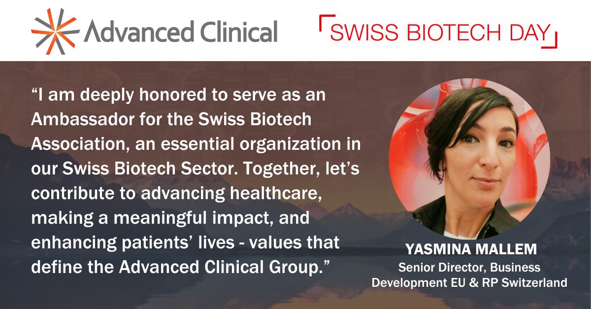 Congratulations to Yasmina Mallem, Senior Director of Business Development EU and RP Switzerland at Advanced Clinical, for being named a Swiss Biotech Association Ambassador! Connect with our team at #SwissBiotechDay next week. Schedule a meeting: hubs.la/Q02rZ89y0