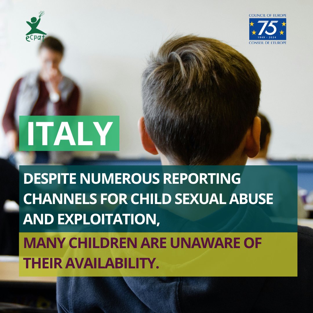 While channels exist for reporting #ChildSexualAbuse and exploitation crimes in Italy, the latest @coe-@ECPAT joint #CountryOverview revealed: 🚨 Many children are unaware of their availability ⏰ Operators may not offer 24/7 accessibility 🔗 Learn more: bit.ly/ItalyCO-S