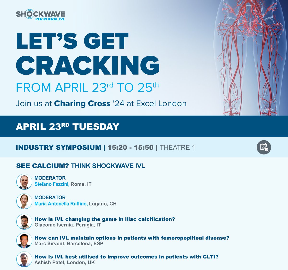 Save the date for the #ShockwaveIVL symposium at #CX2024! An expert panel will discuss the benefits of #IVL when dealing with complex calcium in peripheral arteries. See Ca++? Think #ShockwaveIVL! @FazziniMd US: Rx only. ISI: bit.ly/3iEq7fC