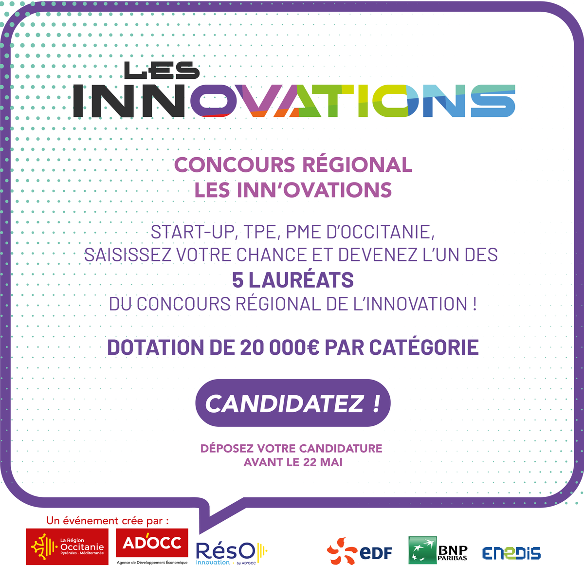 Serez vous le prochain lauréat du concours #LesInnOvations d'@Occitanie ? 🚀 Vous avez jusqu'au 22 mai pour candidater ! 💡Cette année, 5 catégories d'#innovation sont représentées pour départager les meilleures candidatures Pour en savoir plus👉ow.ly/WsWi50R6yrI
