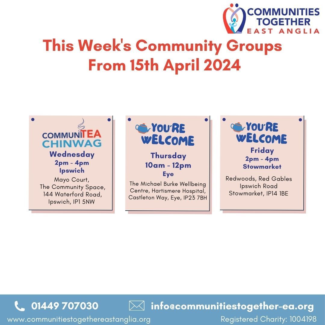 SESSIONS THIS WEEK

For more information about our sessions please contact info@communitiestogether-ea.org or call 01449 707030.