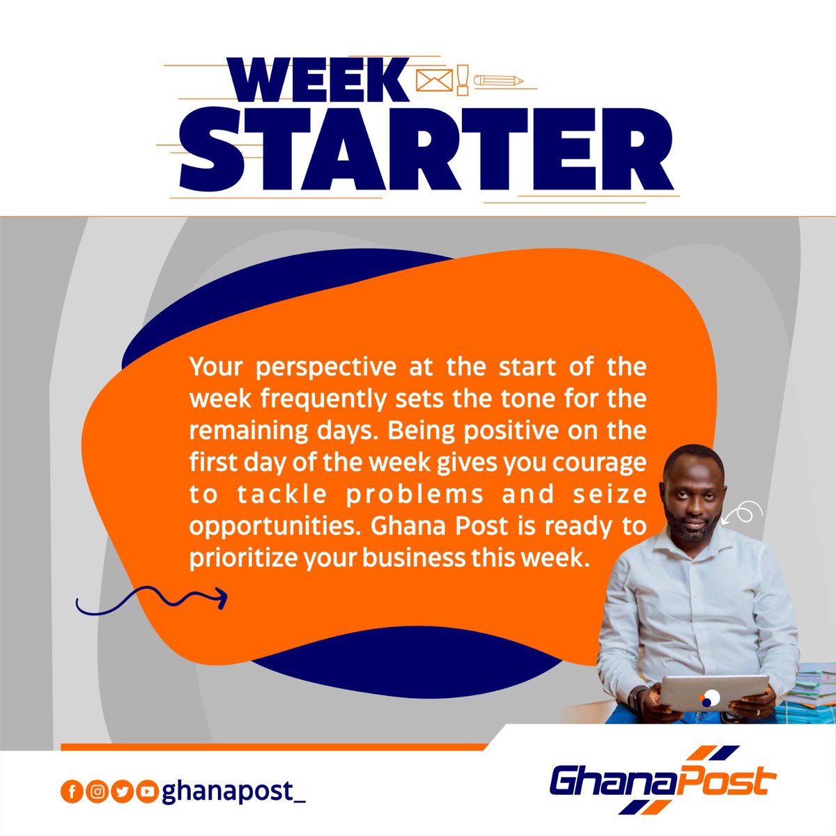 ghanapost_'s tweet photo. Your perspective at the start of the week frequently sets the tone for the remaining days. Being positive on the first day of the week gives you courage to tackle problems and seize opportunities.
Ghana Post is ready to prioritize your business this week
#WeekStarter
#GhanaPost https://t.co/AkeJOtTGwZ