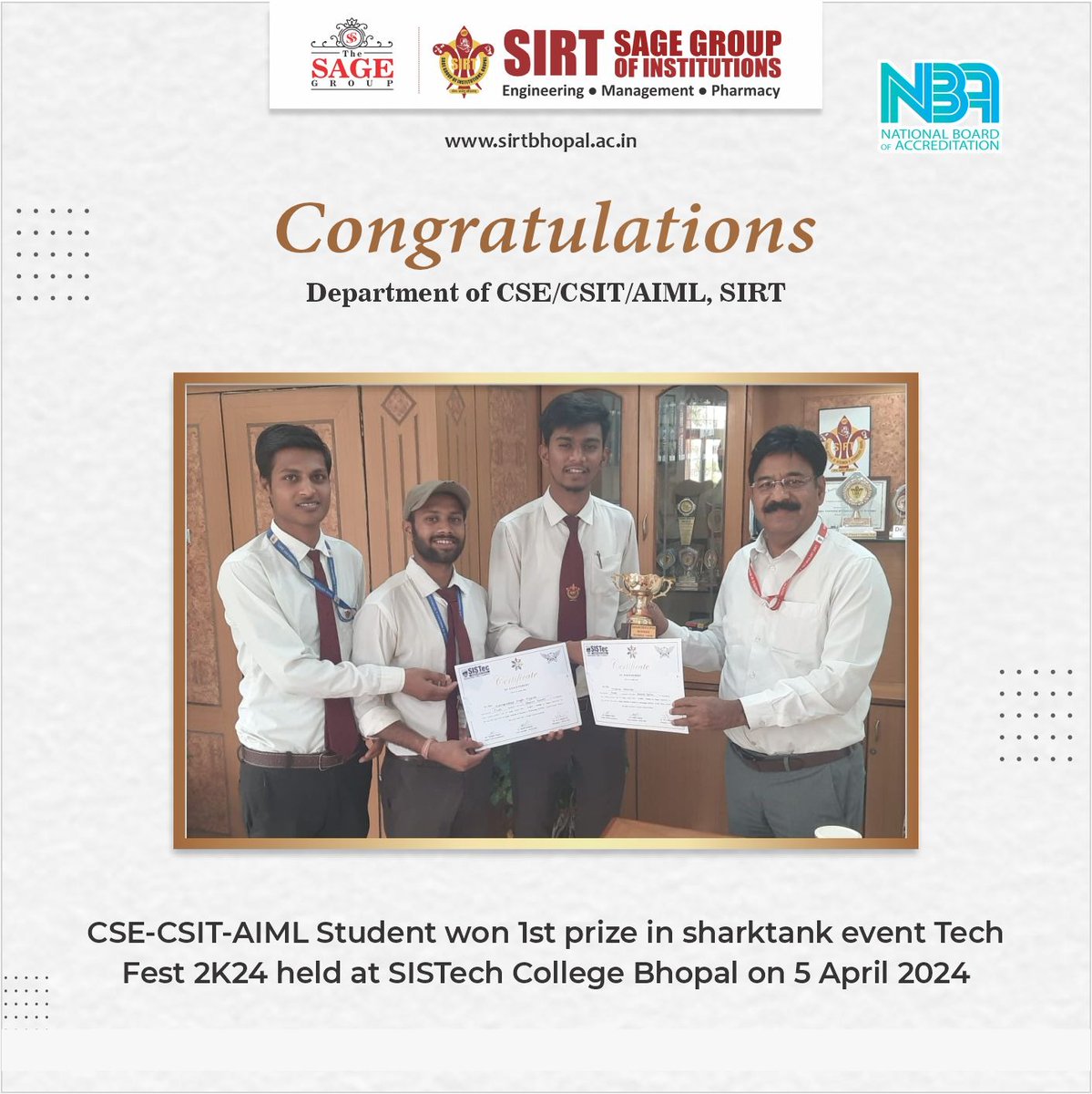SIRT_BHOPAL's tweet photo. Congratulations 🎉 Department of CSE, CSIT and AIML students won first prize in Sharktank Event Tech Fest 2K24 held at SISTech College Bhopal💫
#Congratulations
#sirtstudents
#proudmoment
#talentedengineer
#thesagegroup
#thesagebhopal https://t.co/i1hv6RmINp