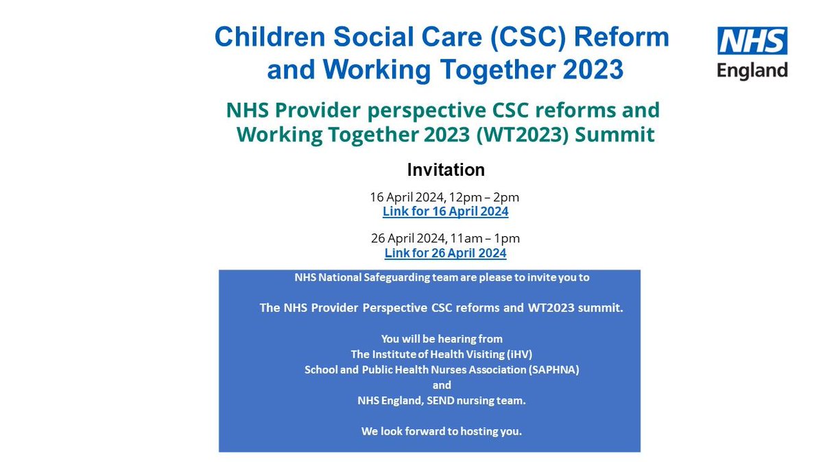 The #NHSSafeguarding team invites #HealthVisiting & #SchoolNursing team members to The NHS Provider Perspective CSC reforms and WT2023 summit -2 dates available to join on the day:
16 April 2024 Join here: buff.ly/3xwHyZ 
26 April 2024 Join here: buff.ly/4atOUv4