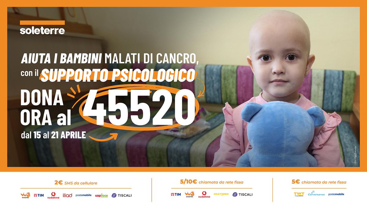 Contro il cancro, nessun bambino deve essere lasciato solo.
#RaccoltaFondi con #NumeroSolidale 45520 per aiutare @SoleterreOnlus a inserire uno psicologo in ogni reparto pediatrico che ne ha bisogno.
#salutementale #oncologiapediatrica #psicooncologo #grandecontroilcancro