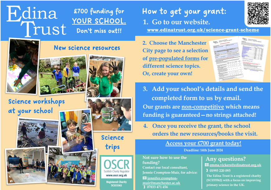 📢Manchester City Council Schools📢 Don't miss out on your opportunity to claim your £700 @EdinaTrust grant for this academic year. Enhance science with new equipment to enrich your curriculum. Find out more and apply at: edinatrust.org.uk/manchester-for…