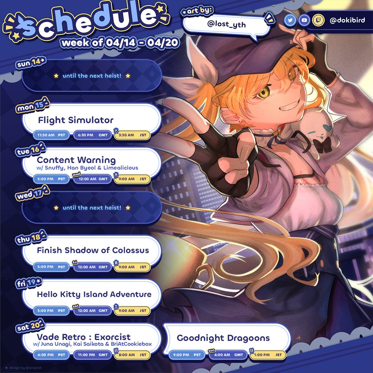 「Weekly Schedule & Tags」
APRIL 14th - APRIL 20th
CONTEST: #DokiWaifuCupContest
GENERAL: #Dokibird
LIVE: #Birdseaters
ART: #DokiGallery / NSFW: #Lewdtomato
COSPLAY: #Dokigram
MERCH: #Dokishrine
FAN NAME: Dragoons
CLIPS: #Dokiclips
PROPS/THUMBNAIL: #Propbird
MEMES: #jkterjter