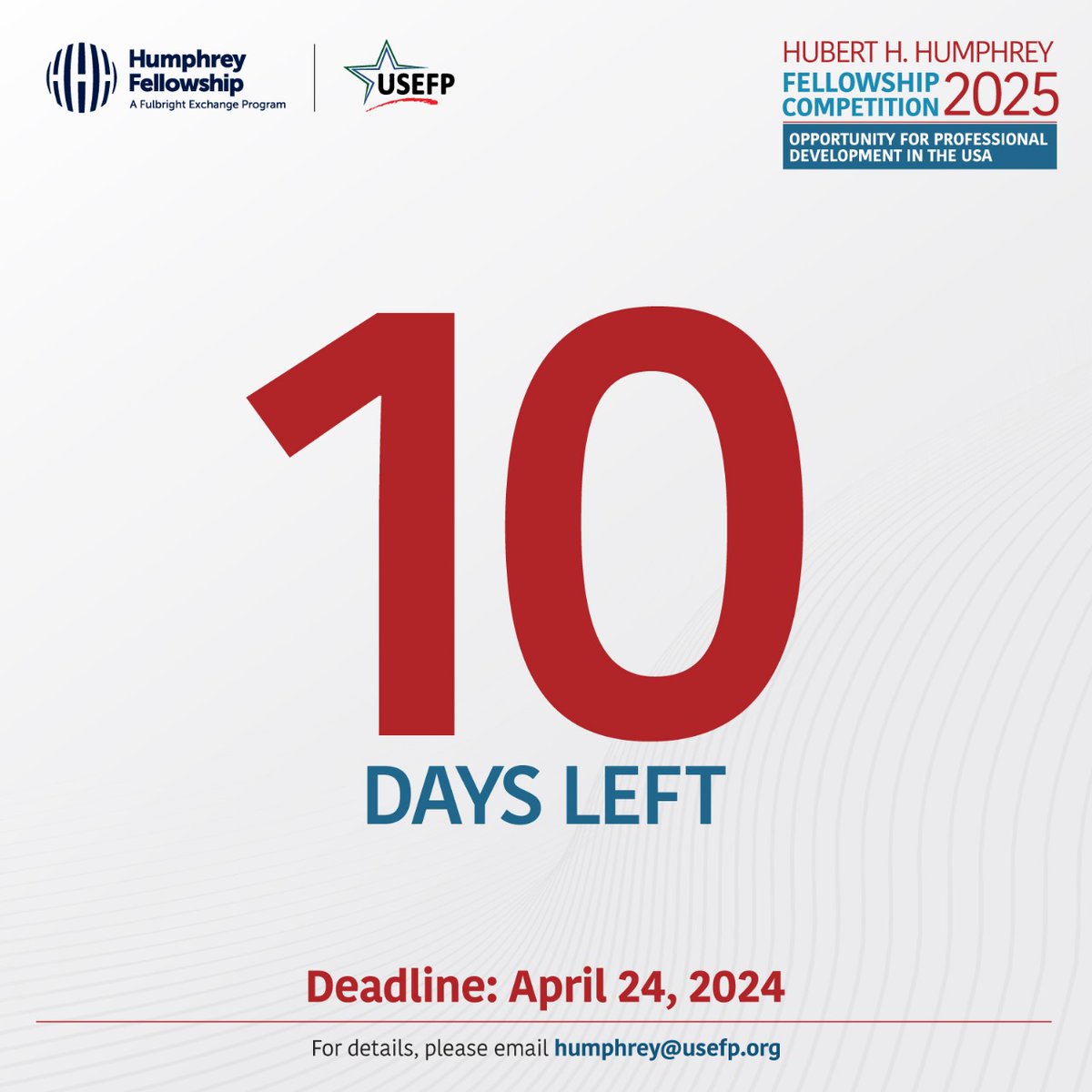 REMINDER: The 2025 Hubert H. Humphrey Fellowship Program deadline is approaching. Take the Duolingo English Test and submit your application early to avoid any last-minute inconvenience. To apply, visit usefp.org #USEFP #Humphrey #USPAK #Fellowship