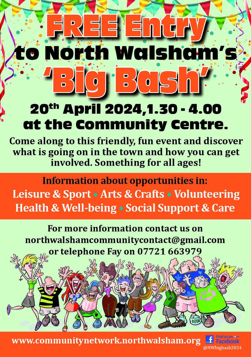 Are you in the North Walsham area? There is a great opportunity coming up for you to come along North Walsham Community Centre and say ‘hello’. North Walsham’s Big Bash returns on Saturday 20 April, and we will be there between 1:30 and 4pm. #TheBigBash #NorthWalsham #Events