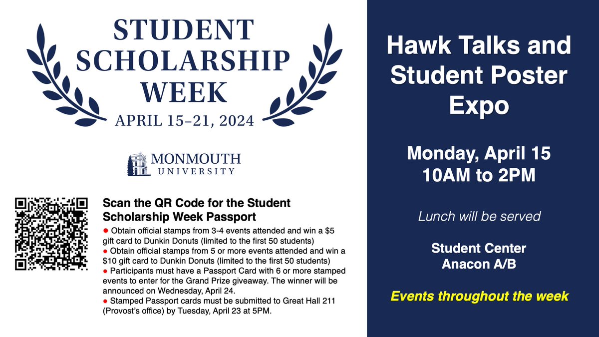 Don't miss today's Hawk Talks and Student Poster Expo starting at 10AM in Student Center Anacon A/B. Lunch will be served. See monmouth.edu/provost/wp-con… for the Scholarship Week Passport. Attend events, receive stamps, and win prizes!