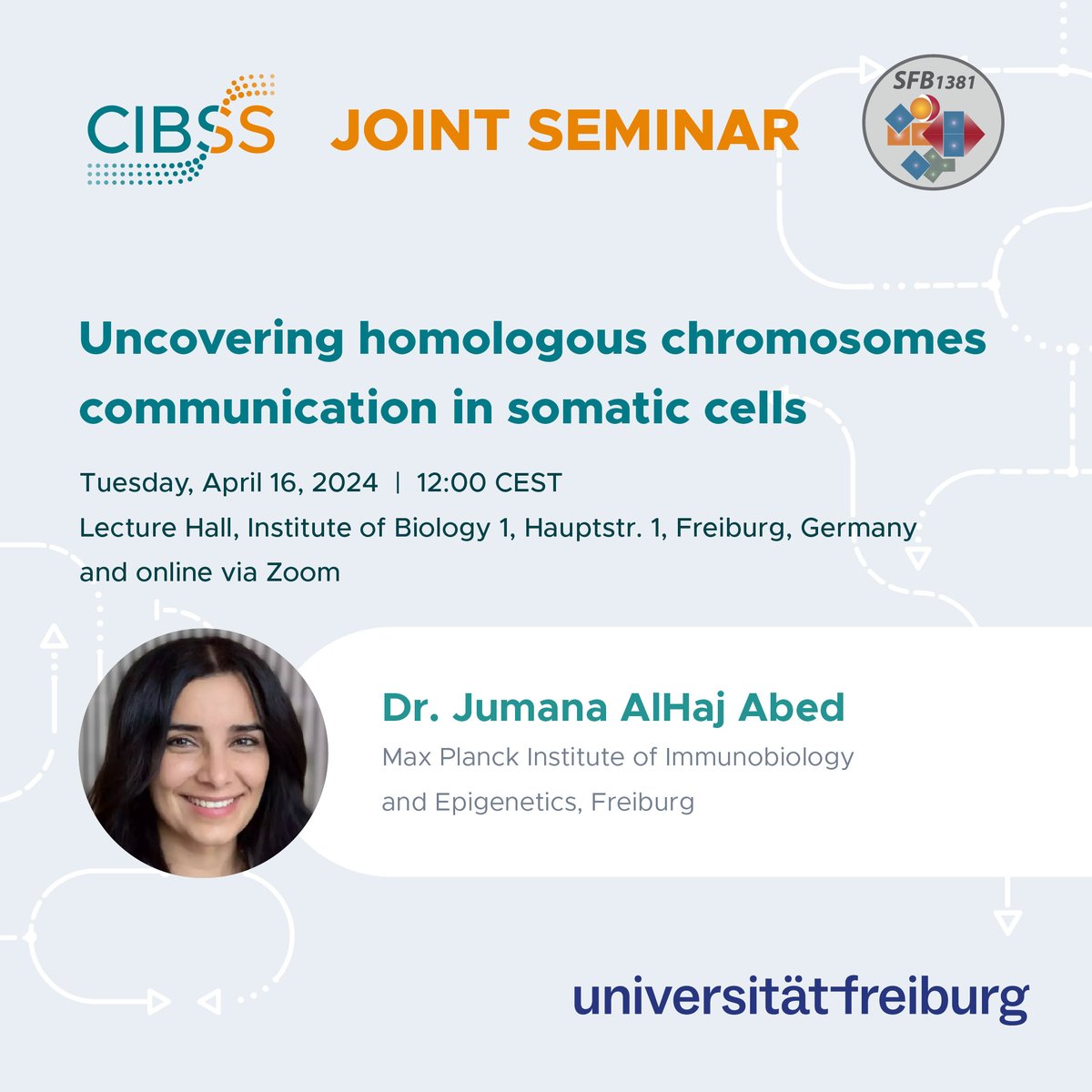 In tomorrow's CIBSS and @sfb1381 Joint Seminar, Jumana AlHaj Abed (@JumanaAHA) from @mpi_ie will give insights into her research on chromosome organization and #GeneRegulation. 🧬 Join us in Freiburg or online: ➡️cibss.uni-freiburg.de/news-and-event…