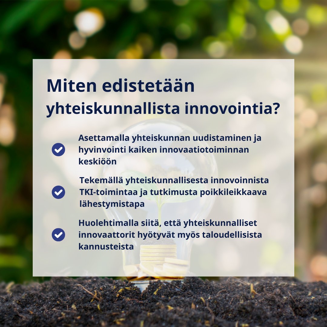 "Sosiaalisten, ekologisten ja taloudellisten haasteiden ratkaisemiseksi tarvitaan yhteiskunnallista innovointia, jonka ensisijaisena tavoitteena on hyvinvoinnin varmistaminen."  💡 

Lue politiikkasuositus:

➡️ yyo.fi/wp-content/upl…

#innovaatio #hyvinvointi #kehysriihi