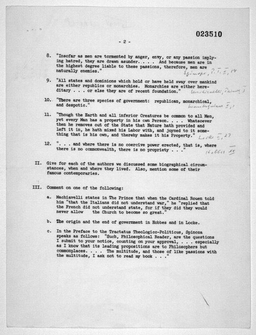 Hannah Arendt's midterm exam for From Machiavelli to Marx, taught in 1965