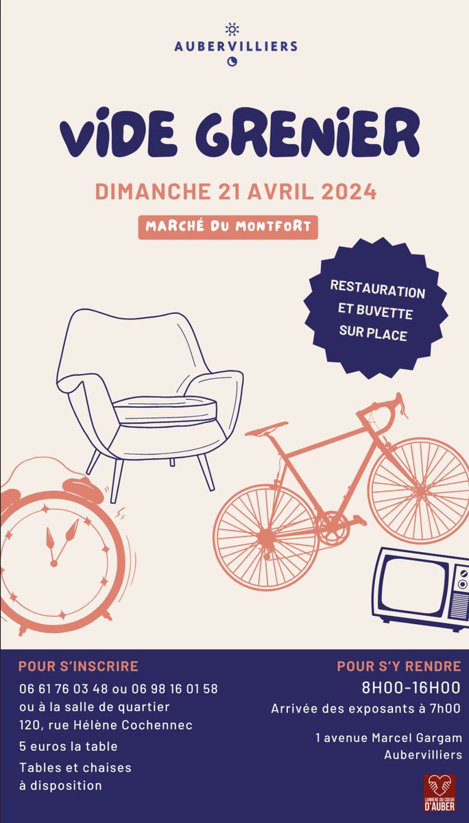 🛍️ Vide grenier-brocante le 21 avril au marché du Montfort, de 8h à 16h ℹ️ Pour devenir exposant, tu peux t'inscrire sur un des deux numéros⤵️ ☎️1️⃣ 06 61 76 03 48 ☎️2️⃣ 06 98 16 01 58 #VideGrenier #Printemps #ESS #Aubervilliers