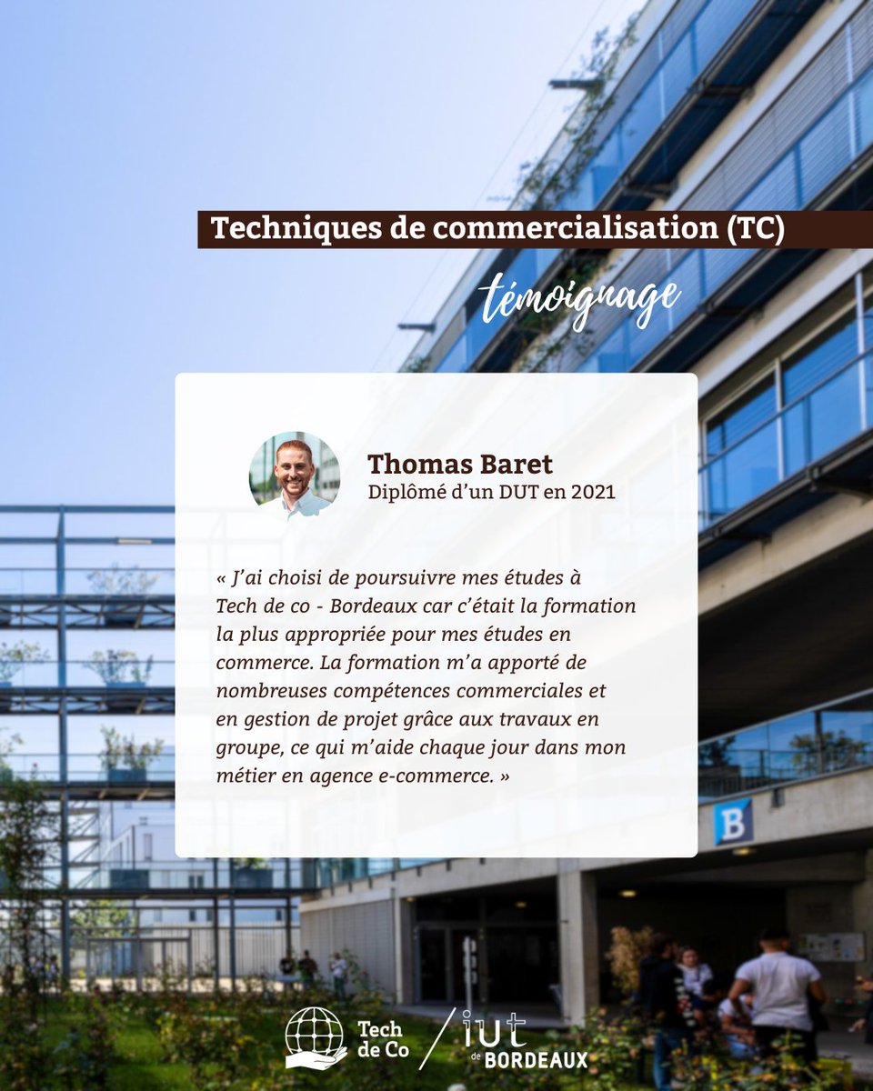 💬 𝗧𝗲́𝗺𝗼𝗶𝗴𝗻𝗮𝗴𝗲 | 𝗕𝗨𝗧 𝗧𝗖
📣 Découvrez le témoignage de Thomas Baret, ancien étudiant du département Techniques de commercialisation (TC) de l’IUT de Bordeaux - site de Bordeaux-Bastide.

#témoignage #BUT #TC #commerce #marketing #management #osezliut #formation