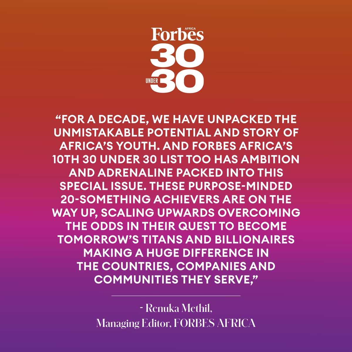 #ADecadeOfUnder30   
Looking back at the last ten years of #FORBESAFRICA30Under30 alongside insights into the Class of 2024, @METHILRENUKA, the managing editor, shares her insights.🎉🔥