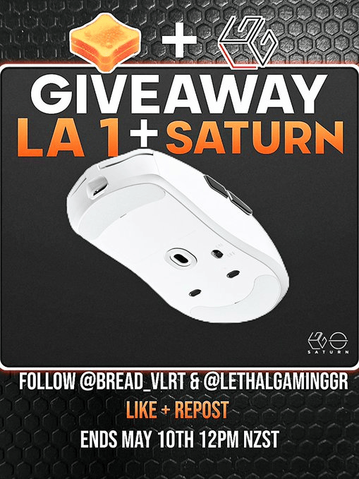 bread (rebranding soon) (@bread_vlrt) on Twitter photo To celebrate hitting 300 followers, Lethal Gaming Gear & I are teaming up to give away:
- 3x LA-1 Wireless Gaming Mouse
- 3x Saturn Mousepad XXL
Simply:
1⃣ Follow <a href="/bread_VLRT/">bread (rebranding soon)</a> & <a href="/LethalGamingGr/">Lethal Gaming Gear</a>
2⃣ Like & Repost
3⃣ Tag a friend
⏳Ends May 10th 12 PM NZST
⬇️More details below⬇️ To celebrate hitting 300 followers, Lethal Gaming Gear & I are teaming up to give away:
- 3x LA-1 Wireless Gaming Mouse
- 3x Saturn Mousepad XXL
Simply:
1⃣ Follow <a href="/bread_VLRT/">bread (rebranding soon)</a> & <a href="/LethalGamingGr/">Lethal Gaming Gear</a>
2⃣ Like & Repost
3⃣ Tag a friend
⏳Ends May 10th 12 PM NZST
⬇️More details below⬇️