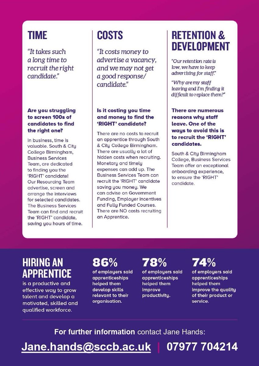 SCCB apprenticeships (@sccbapprentices) on Twitter photo Are you struggling with recruitment?
At SCCB, we have the perfect solutions to key problems faced by employers!
Get in touch with our sales consultant, for more advice and guidance on recruitment:
Jane Hands
07977704214
jane.hands@sccb.ac.uk
#Recruitment #Apprenticeships Are you struggling with recruitment?
At SCCB, we have the perfect solutions to key problems faced by employers!
Get in touch with our sales consultant, for more advice and guidance on recruitment:
Jane Hands
07977704214
jane.hands@sccb.ac.uk
#Recruitment #Apprenticeships