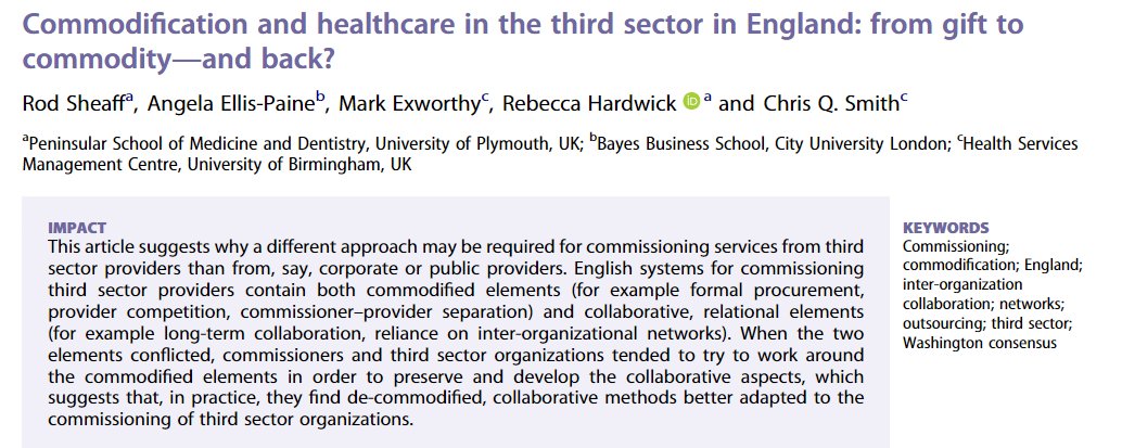 🆕Commodification and healthcare in the third sector in England: from gift tocommodity—and back? - new #openaccess article by Professor Mark Exworthy @CoSS_Birmingham and colleagues in @tandfonline You can access it below at: tandfonline.com/doi/epdf/10.10…