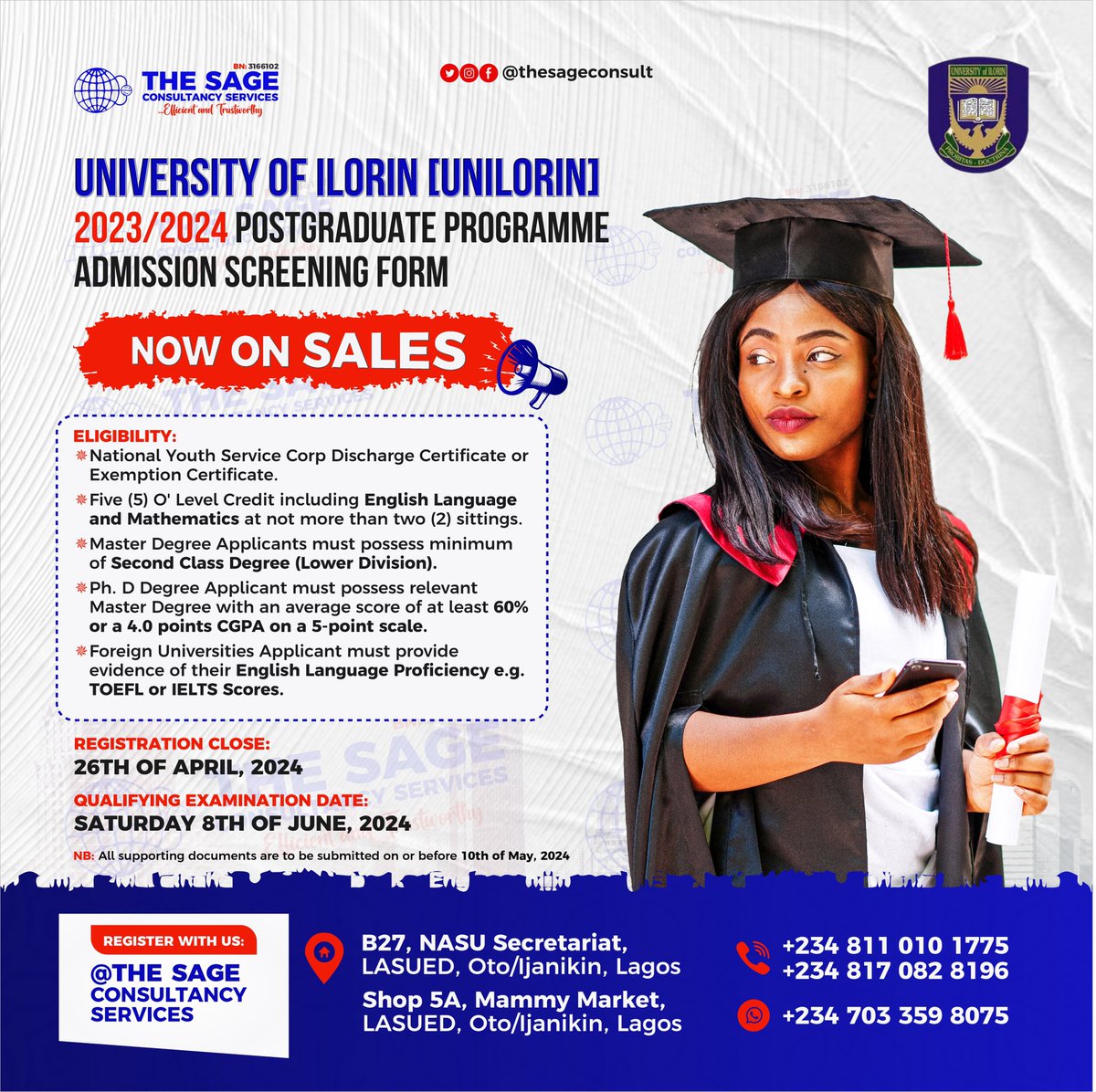 UNILORIN POST_GRADUATE PROGRAMS ADMISSION SCREENING FORM IS ONGOING!

Get your registration done with us today  @thesageconsult.
Click on the link in our bio or Chat via WhatsApp at +2347033598075 to communicate with us 

#THESAGECONSULTANCYSERVICES 
#DISTANCEISNOTABARRIER