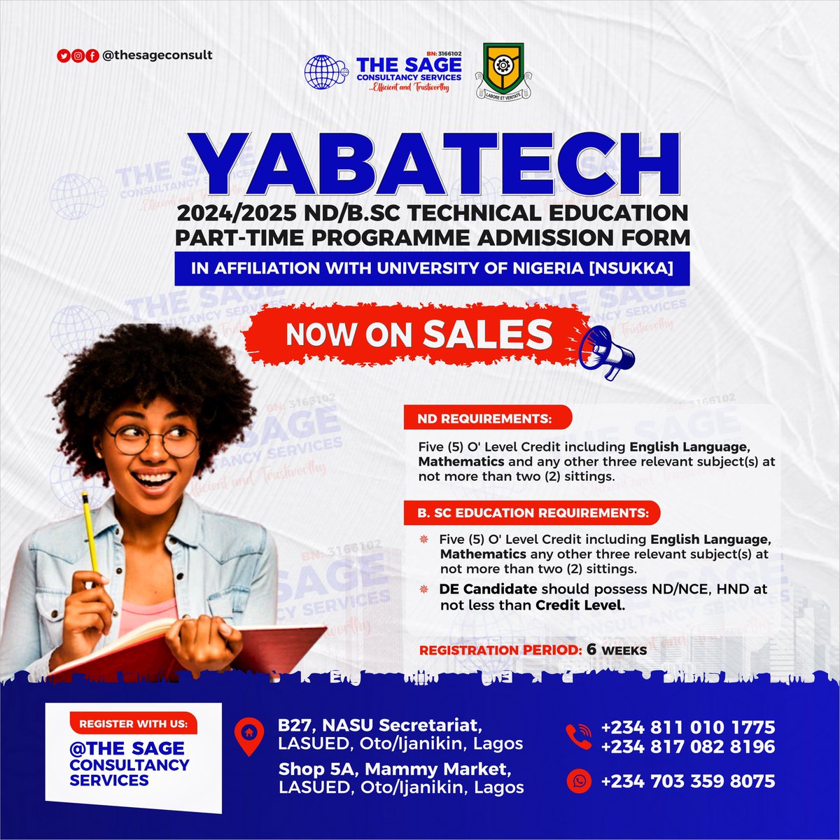 YABATECH PART_TIME PROGRAM ADMISSION SCREENING FORM IS ONGOING!

Get your registration done with us today  @thesageconsult.
Click on the link in our bio or Chat via WhatsApp at +2347033598075 to communicate with us 

#THESAGECONSULTANCYSERVICES 
#DISTANCEISNOTABARRIER
