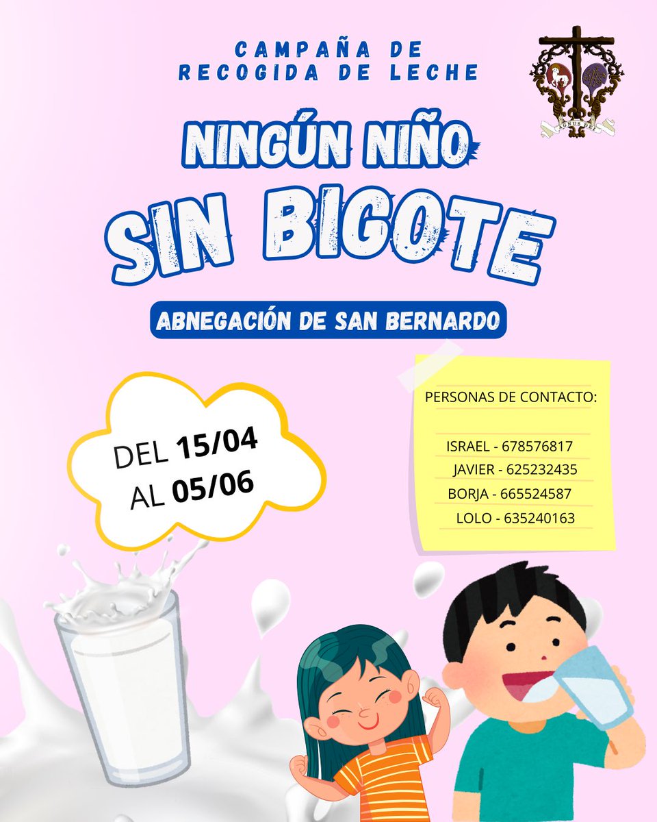 🚀¡Arranca nuestra campaña “Ningún Niño Sin Bigote”!🥛 Desde hoy hasta el 05/06, Colabora con nosotros para garantizar un vaso diario de leche a quienes más lo necesitan. 📞Contactos en el cartel|📲Bizum | 📨 abnegacioncaridad@gmail.com ¡Tu ayuda cuenta! #NingúnNiñoSinBigote