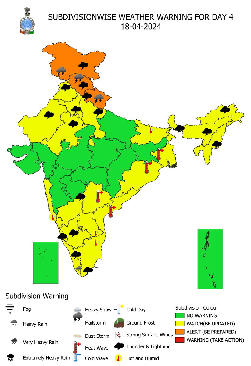 i) Ongoing rainfall spell with thunderstorms, lightning, gusty winds & hail over Northwest India likely to continue during next 24 hours and a fresh spell during 18th-21st April, 2024. #weatherwarning #thunderstorm #HailstormAlert #GustyWinds