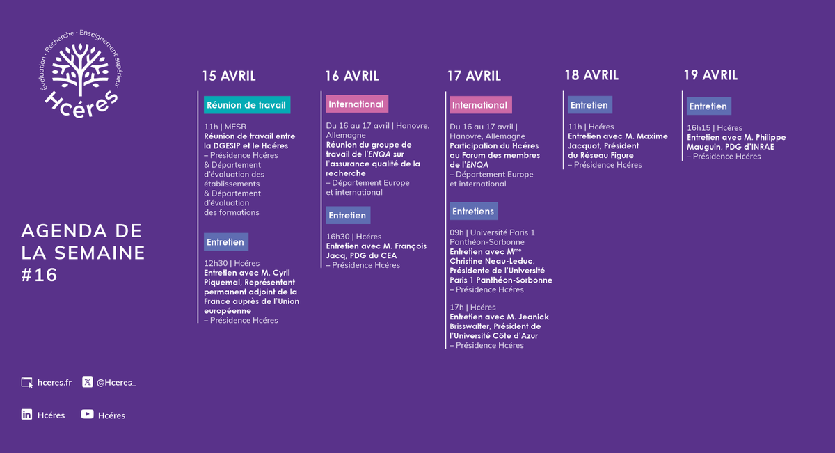 Retrouvez l’Agenda du Hcéres pour la semaine du 15 au 19 avril 2024 : bit.ly/agenda-Hceres #ESRS #EnseignementSup #agendaHcéres