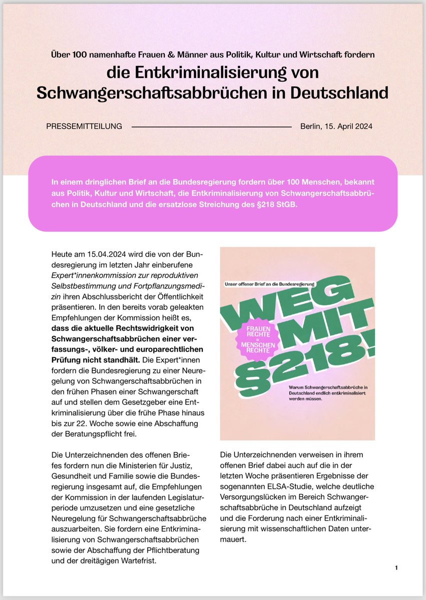 Laura Sophie Dornheim (@schwarzblond) on Twitter photo Wir sind viele.
Wir sind Frauen, Männer, Junge und Ältere, Ärztinnen, Forscherinnen, Influencerinnen, Autorinnen, Schauspielerinnen, Aktivistinnen.
Wir fordern: #wegmit218, JETZT!
centreforfeministforeignpolicy.org/2024/04/14/ent…
<a href="/lisapaus/">Lisa Paus, MdB</a> <a href="/MarcoBuschmann/">Marco Buschmann</a> <a href="/Karl_Lauterbach/">Prof. Karl Lauterbach</a>
Bitte teilen! Wir sind viele.
Wir sind Frauen, Männer, Junge und Ältere, Ärztinnen, Forscherinnen, Influencerinnen, Autorinnen, Schauspielerinnen, Aktivistinnen.
Wir fordern: #wegmit218, JETZT!
centreforfeministforeignpolicy.org/2024/04/14/ent…
<a href="/lisapaus/">Lisa Paus, MdB</a> <a href="/MarcoBuschmann/">Marco Buschmann</a> <a href="/Karl_Lauterbach/">Prof. Karl Lauterbach</a>
Bitte teilen!