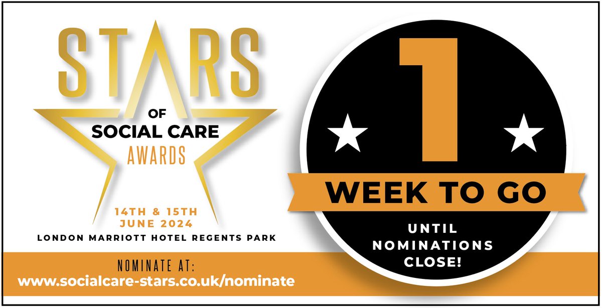 1 WEEK to go before nominations close for 🌟 JOSIE GIBSON’S 🌟 Stars of Social Care Awards! Don’t delay .. get your nominations in at at bit.ly/3iuvXCW A duo of 2 glittering events for the home care & care home sector place 14 & 15 June 2024 #SocialCare