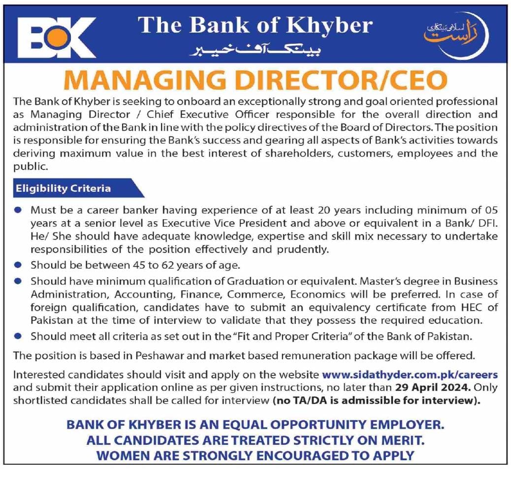 Job opportunity at @TheBankofKhyber Post : Managing Director/ CEO Apply link: sidathyder.com.pk/careers Last date apply: 29 April 2024