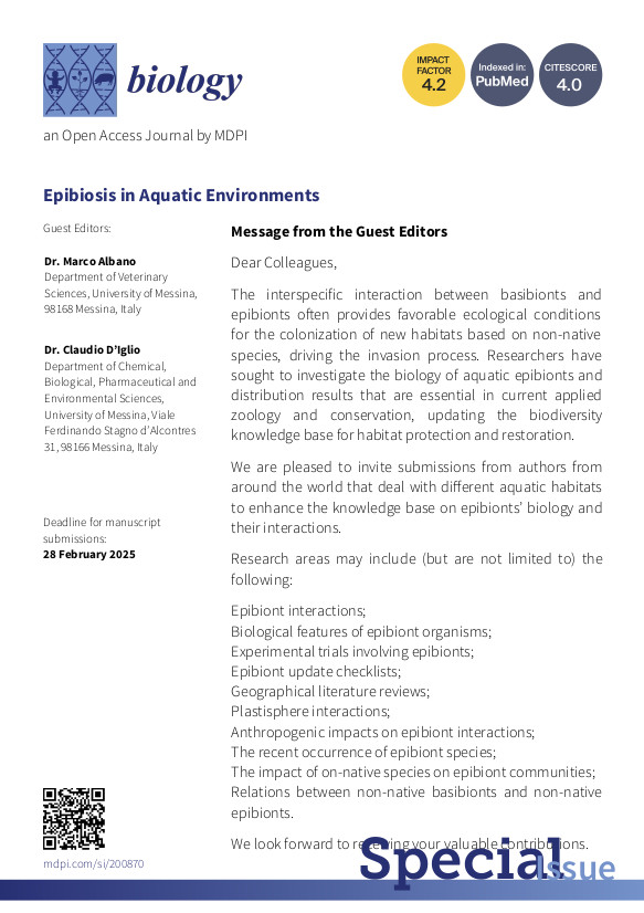 📢 Call for Papers! 📝 Join our Special Issue on Epibiosis in Aquatic Environments. We welcome submissions that deal with different aquatic habitats to enhance the knowledge base on epibionts’ biology and their interactions. Submit your work now at: mdpi.com/si/200870.📚🔬